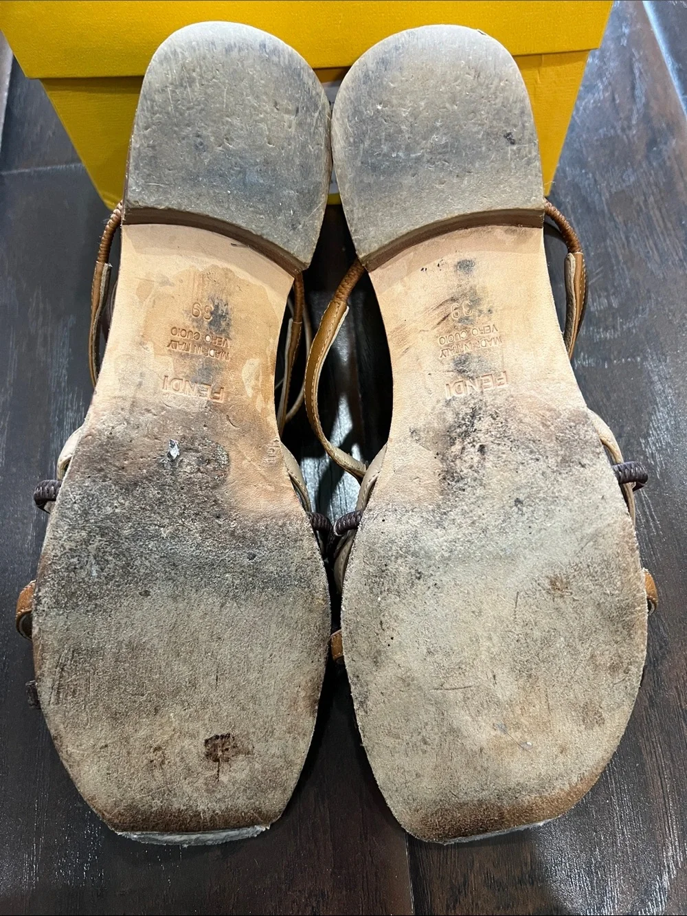 Fendi Gladiator Sandals with Wood Logo, size 39